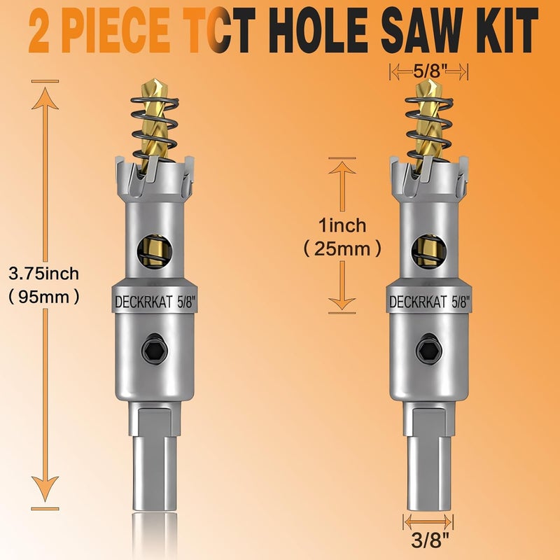 DECKRKAT 2-Pack 5/8” TCT Hole Saws for Hard Metal, Heavy Duty 16mm Tungsten Carbide Tipped Hole Cutters Set with Spring-Loaded Pilot Drill Bits for Stainless Steel, Metal, Iron, and Plastic - Image 2
